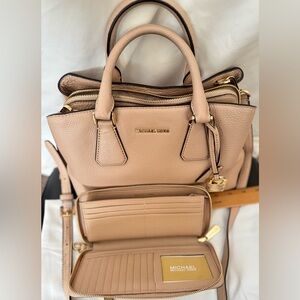 Michael Kors Camille Pebble Leather Satchel in Nude w/ Saffino Nude wallet